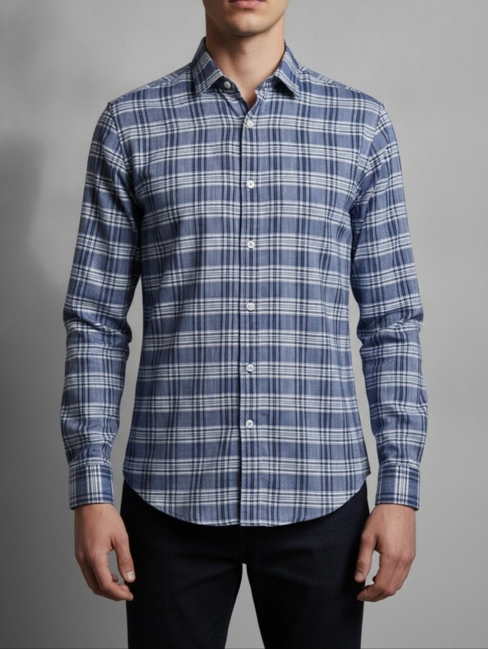 Boss-Hugo Boss Mens Sz L Sharp Fit Shirt Blue Plaid All Cotton Button Up
